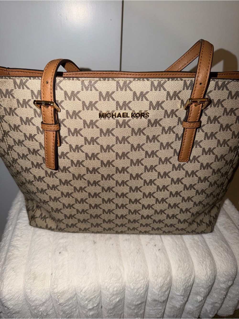 Michael Kors Beige MK Logo Tote with Tan Leather Straps